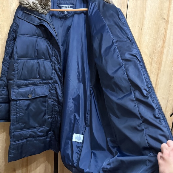 Lands' End Plus Sz 2X 20W- 22W Navy Blue Down Coat Faux Fur Collar Warm - Picture 10 of 13